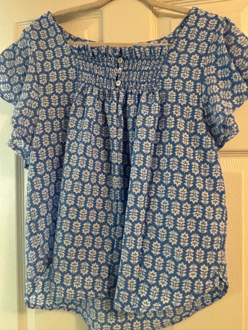 Draper James Blue and White Floral Smocked Square-Neck Top